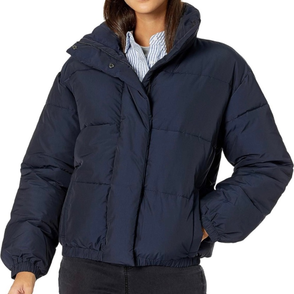 Amazon Essentials Women's Relaxed-Fit Mock-Neck Puffer Jacket-Daily Ritual Navy